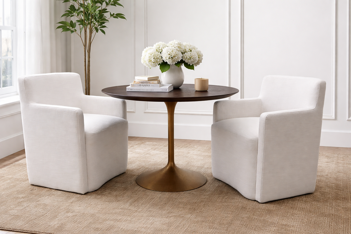Set of Two RH Aurelie Track Arm Fabric Dining Armchairs Perennials® Performance Textured Linen Weave — White, Recessed Caster Base