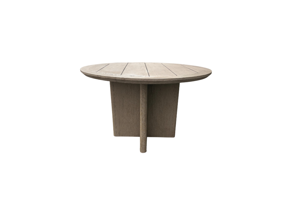 RH Balmain Round Teak Dining Table – 48" Weathered Teak Finish