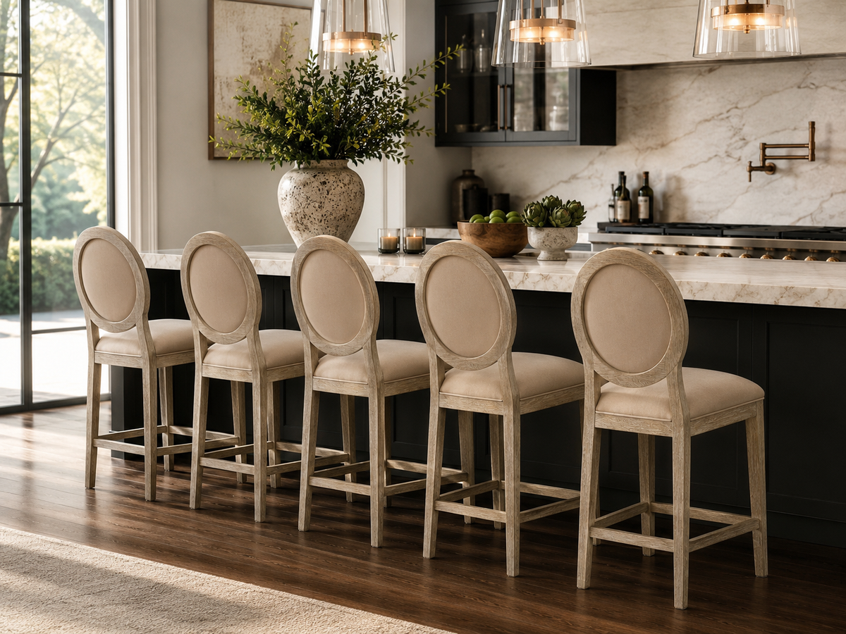 Set of Five RH French Contemporary Round Leather Counter Stools