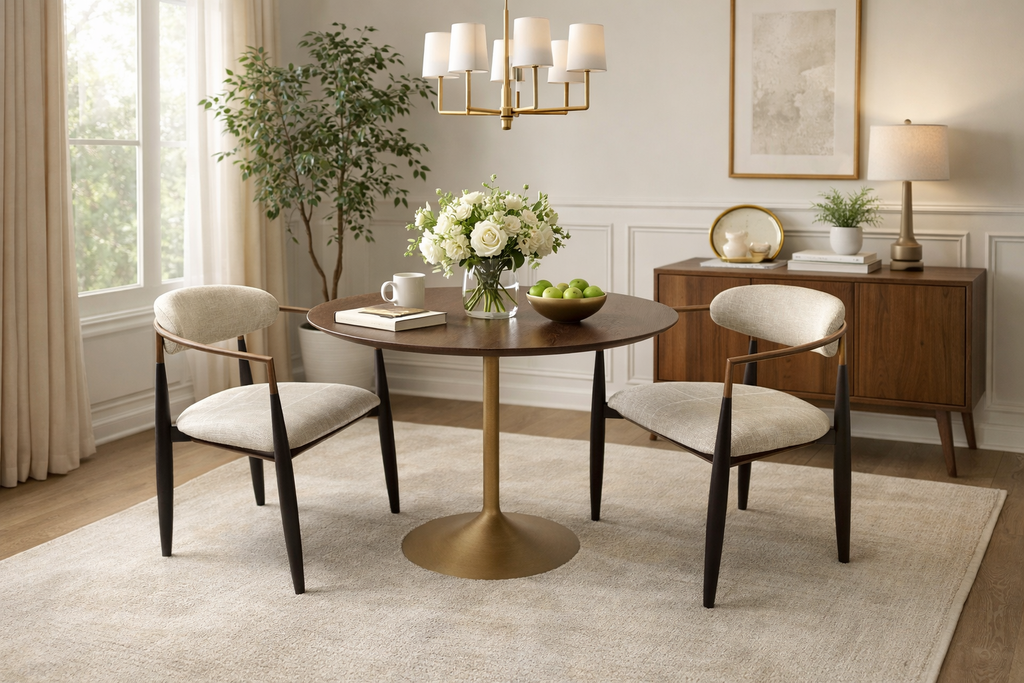 RH Aero Bistro Table — 42" Round Brown Oak Top | Antiqued Brass Pedestal Base