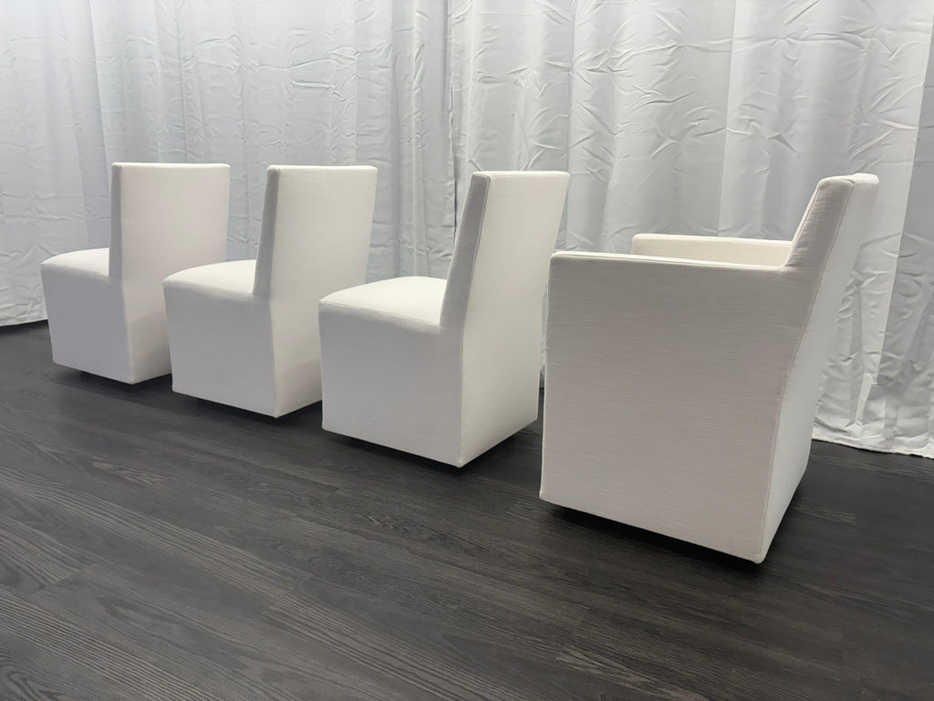 Curated Set of Four RH Ellison Fabric Dining Chairs
Perennials® Performance Textured Linen Weave — White
Recessed Caster Bases