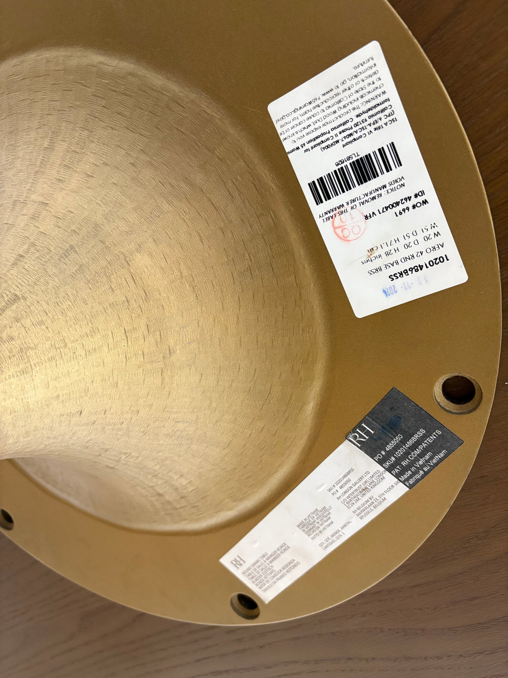 RH Aero Bistro Table — 42" Round Brown Oak Top | Antiqued Brass Pedestal Base