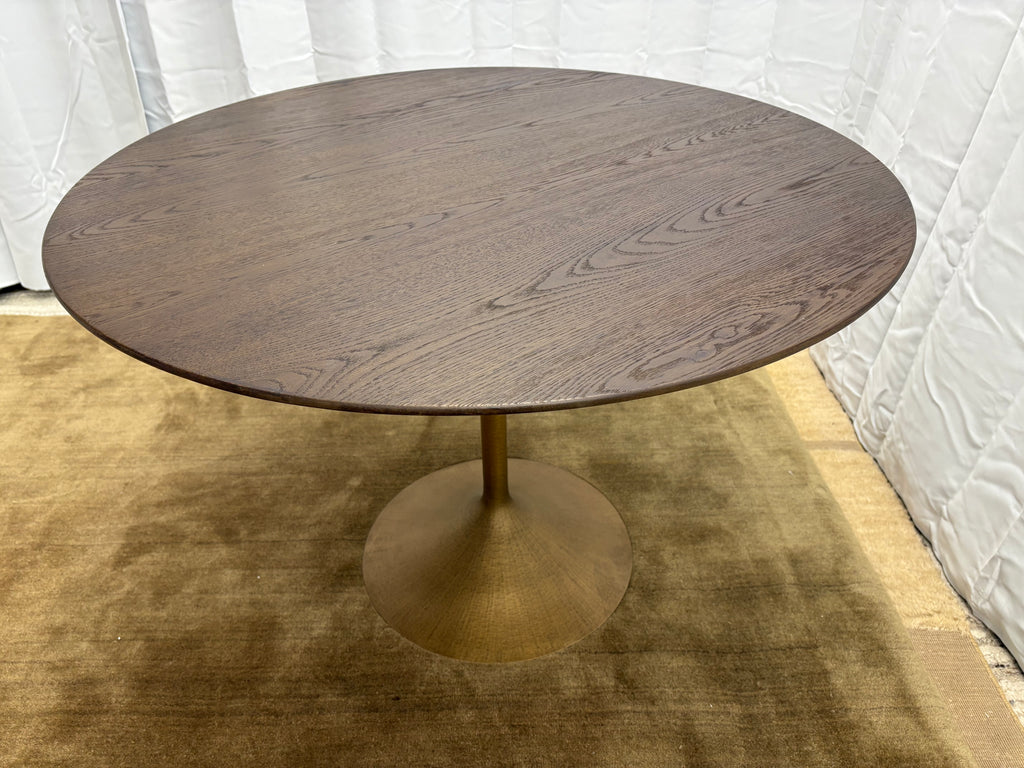 RH Aero Bistro Table — 42" Round Brown Oak Top | Antiqued Brass Pedestal Base