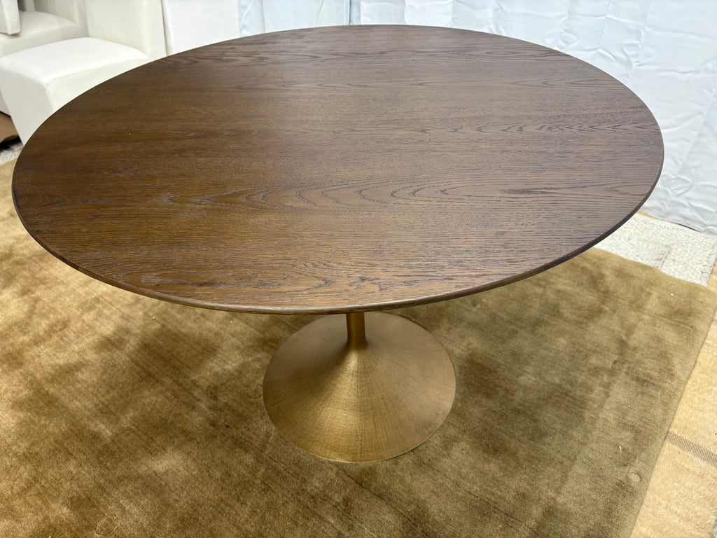 RH Aero Bistro Table — 42" Round Brown Oak Top | Antiqued Brass Pedestal Base