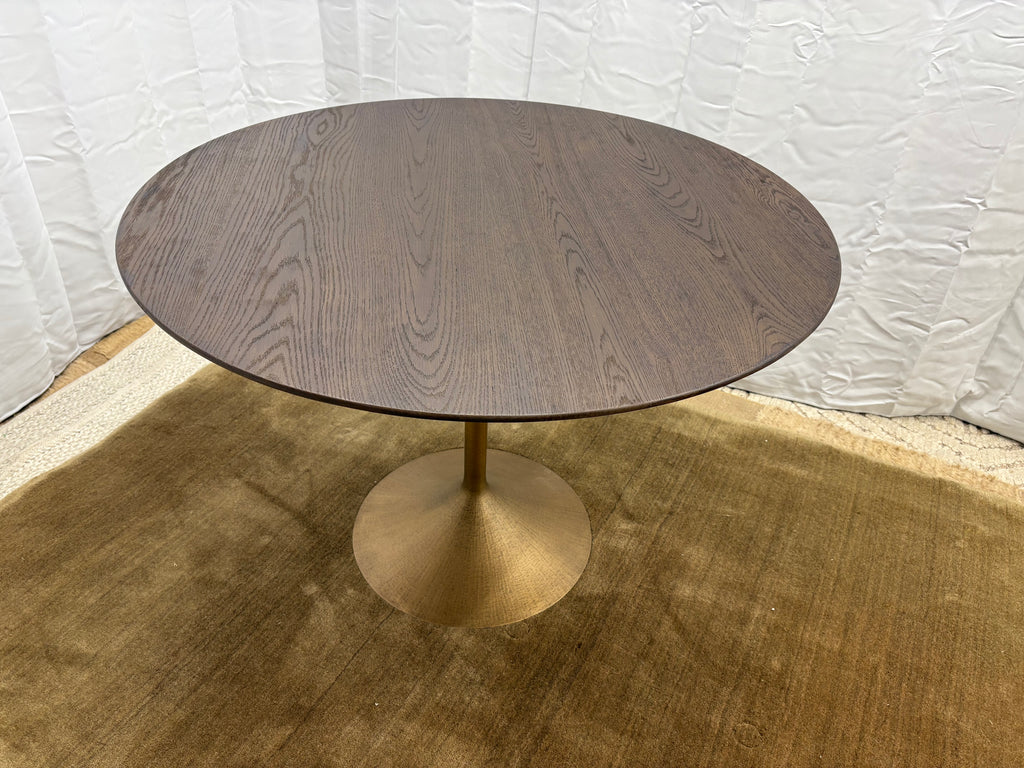 RH Aero Bistro Table — 42" Round Brown Oak Top | Antiqued Brass Pedestal Base