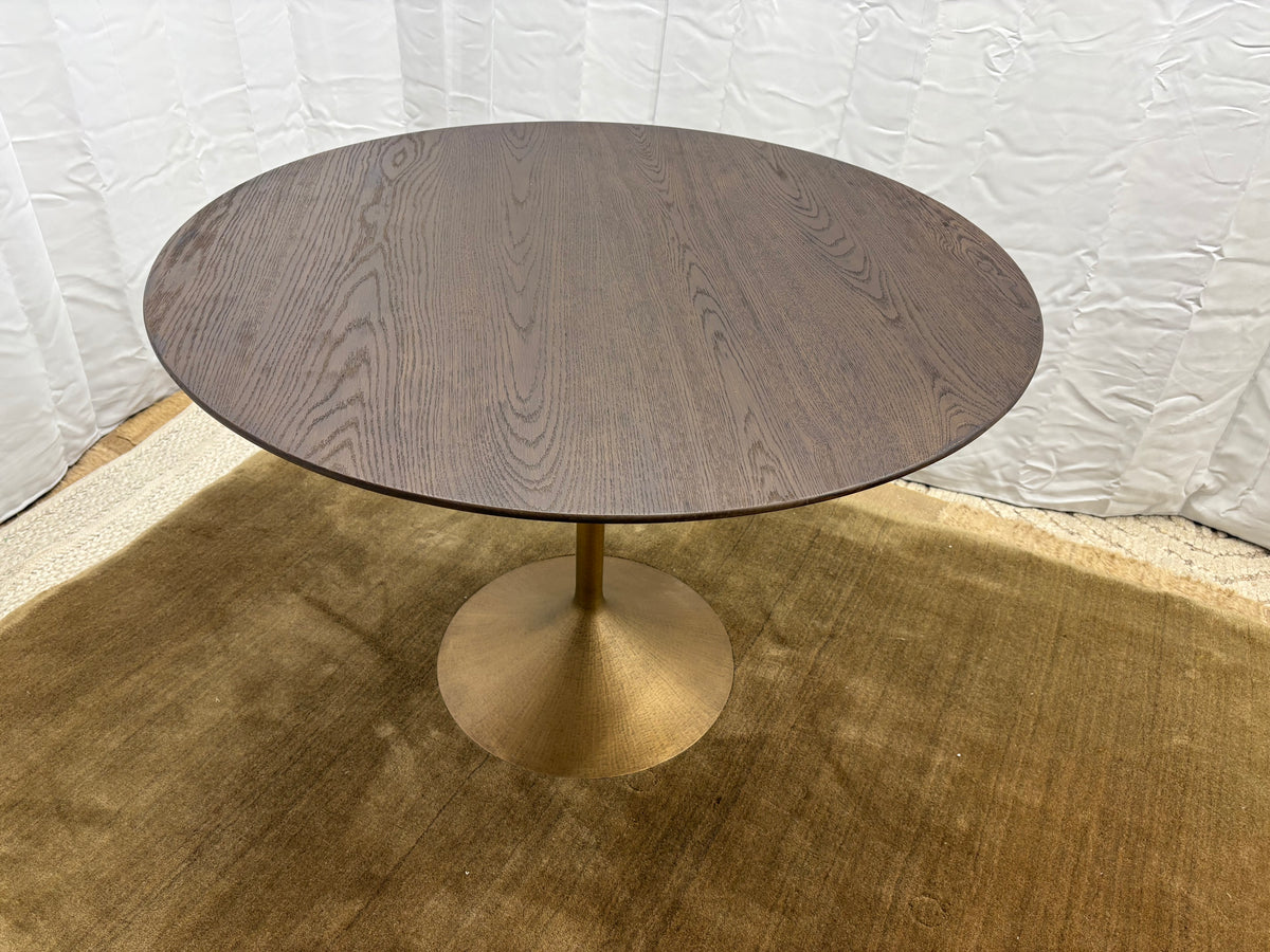 RH Aero Bistro Table — 42" Round Brown Oak Top | Antiqued Brass Pedestal Base