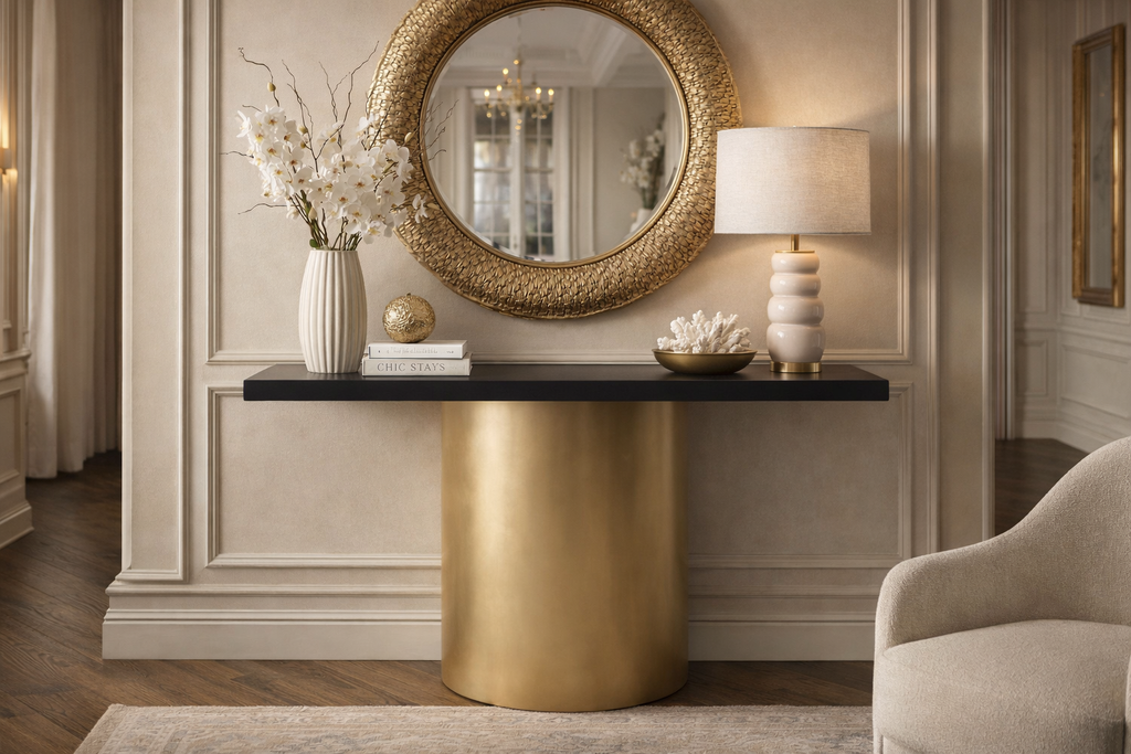 Custom Console Table Arhaus Distressed Black Painted Top | Gold Dauphine Pedestal Base