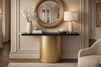 Custom Console Table Arhaus Distressed Black Painted Top | Gold Dauphine Pedestal Base