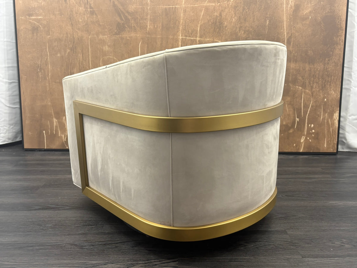 RH Reginald Leather Swivel Chair Italian Veneto Leather – Ivory | Brass | Black Oak Drifted Base | 360° Swivel