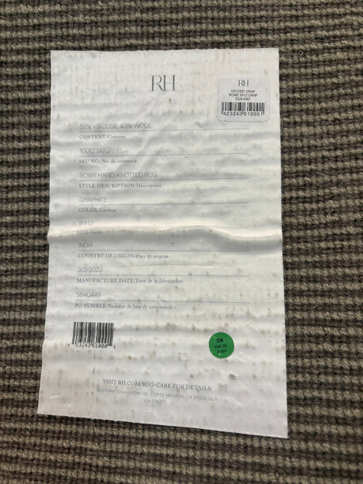 Restoration Hardware Rowe Rug – 9’ x 12’ Graphite | Hand-Knotted Wool & Viscose