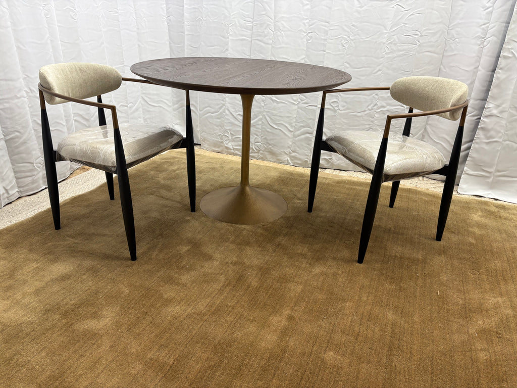 RH Aero Bistro Table — 42" Round Brown Oak Top | Antiqued Brass Pedestal Base