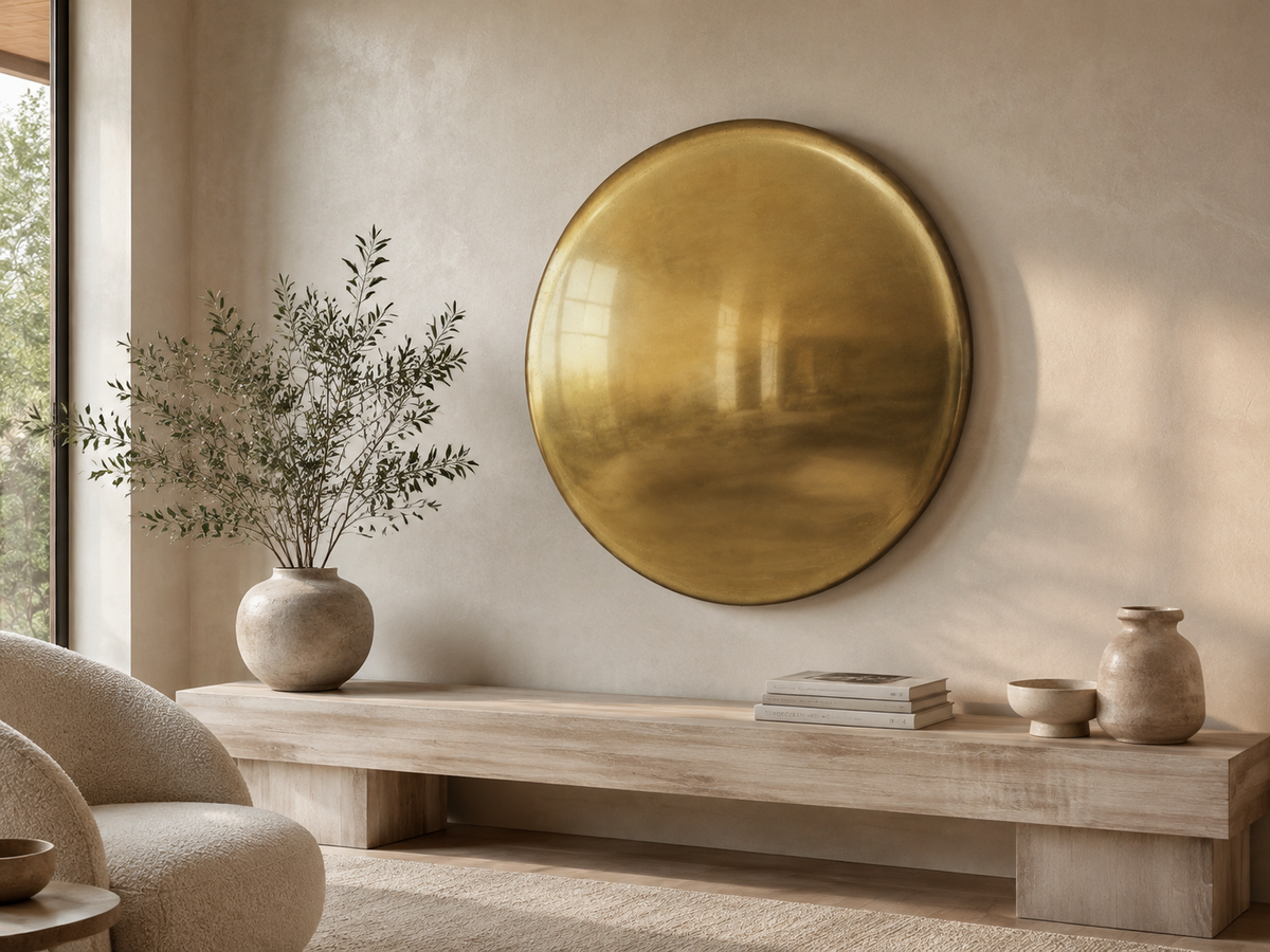 RH Restoration Hardware Nuvola Round Mirror 48" Diameter | Polished Metal | Lightly Antiqued Mirror Finish