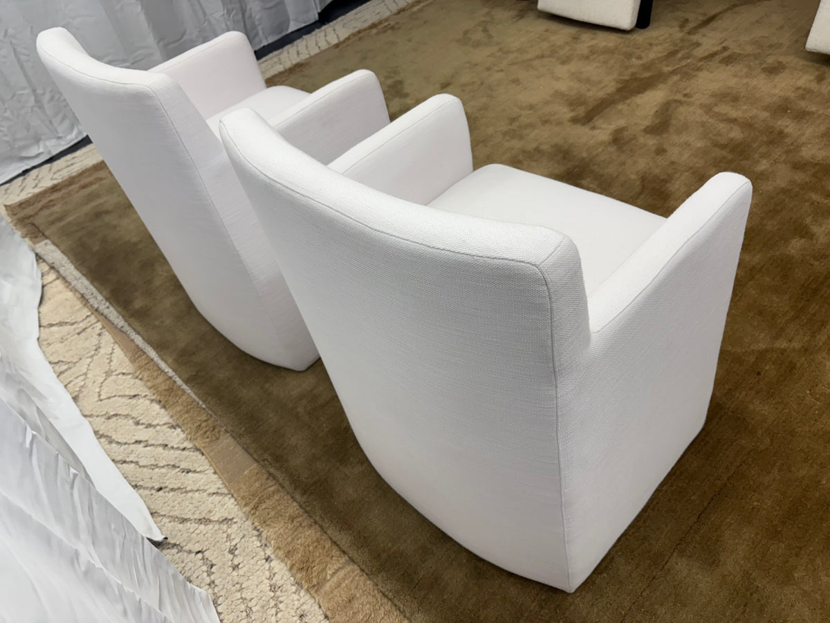 Set of Two RH Aurelie Track Arm Fabric Dining Armchairs Perennials® Performance Textured Linen Weave — White, Recessed Caster Base