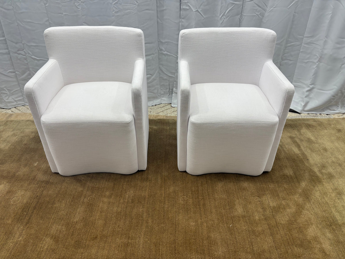 Set of Two RH Aurelie Track Arm Fabric Dining Armchairs Perennials® Performance Textured Linen Weave — White, Recessed Caster Base