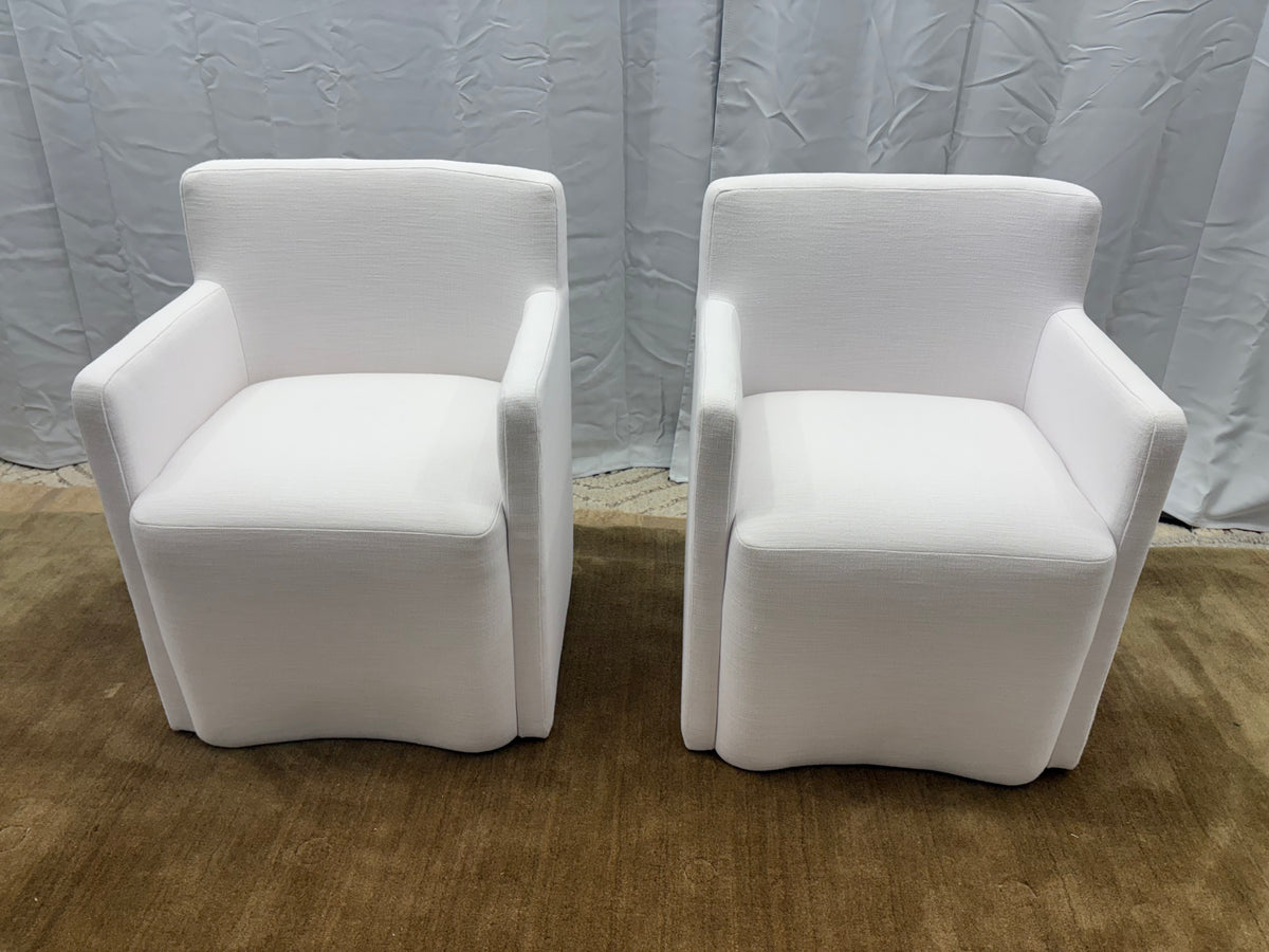 Set of Two RH Aurelie Track Arm Fabric Dining Armchairs Perennials® Performance Textured Linen Weave — White, Recessed Caster Base