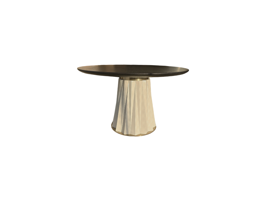 Sculptural Designer Dining Table – Attributed to Baker “Heliodor” Pedestal in Ivory & Gold × RH 48″ Black Brushed Oak Top