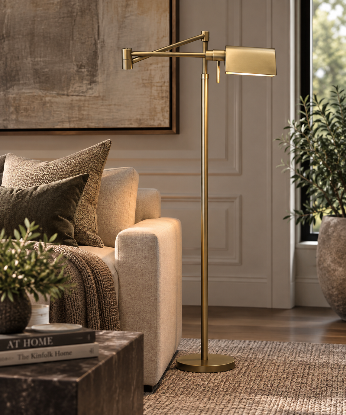 RH Métier Task Floor Lamp Lacquered Burnished Brass | Adjustable Swing Arm | Dimmable Task Lighting
