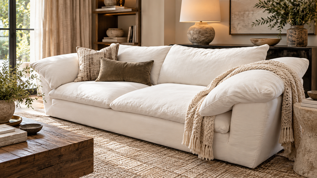 RH Cloud 9' Luxe Sofa — 2-Cushion | Perennials Performance Textured Linen Weave | White