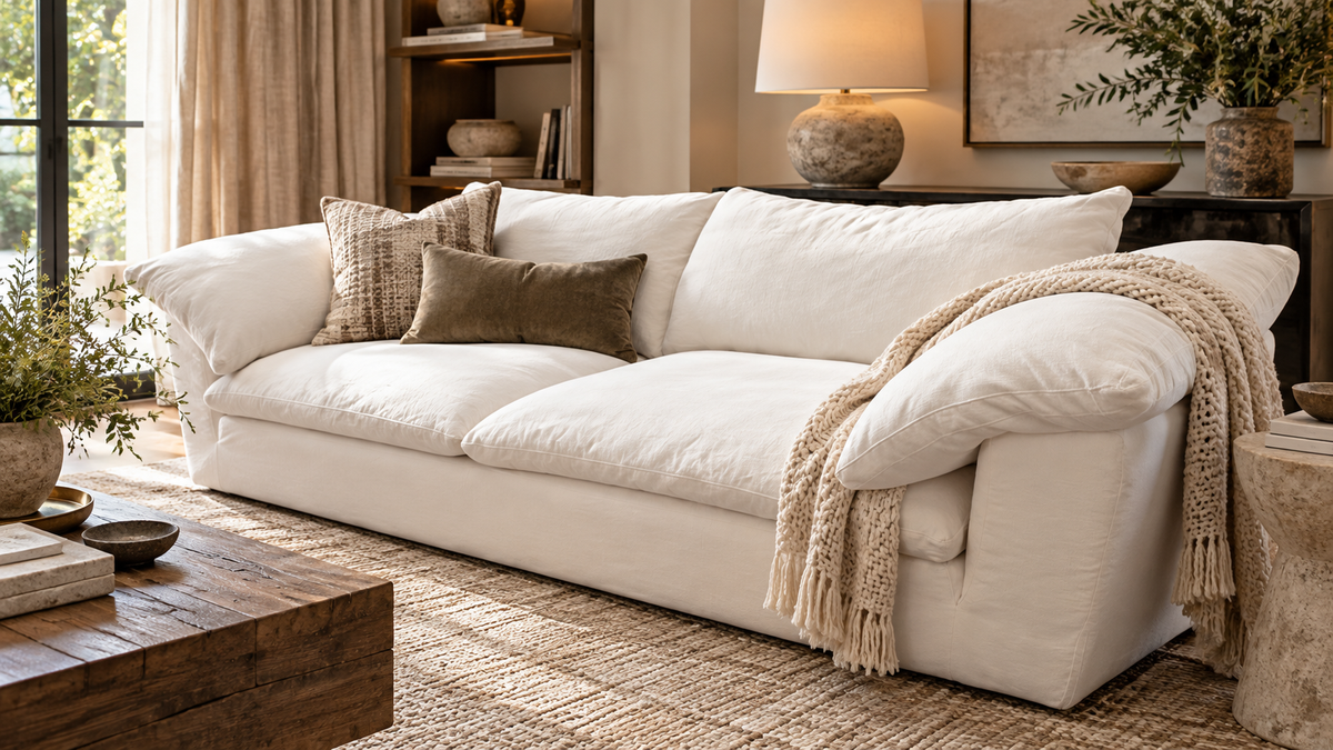 RH Cloud 9' Luxe Sofa — 2-Cushion | Perennials Performance Textured Linen Weave | White