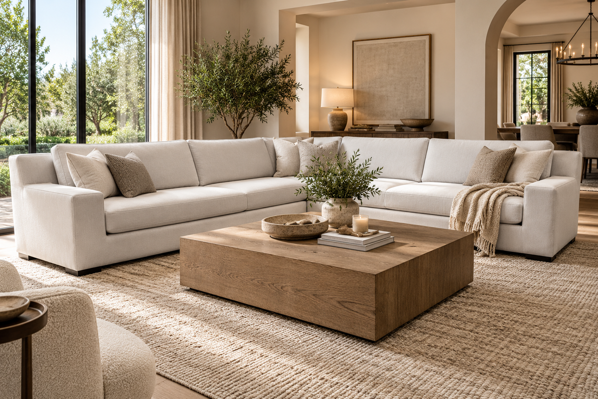 RH Modena Track Arm Left-Arm Bench-Cushion L-Sectional – Perennials Performance Textured Linen Weave in Mist