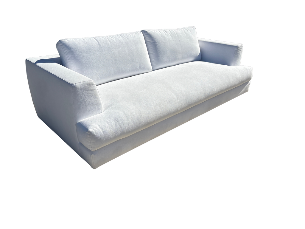 RH Monza Bench-Cushion Sofa – 8’ Luxe Depth in White Performance Linen Weave (Made in Italy)