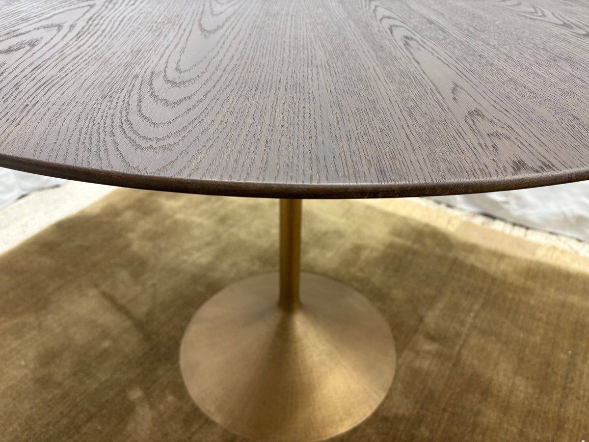 RH Aero Bistro Table — 42" Round Brown Oak Top | Antiqued Brass Pedestal Base