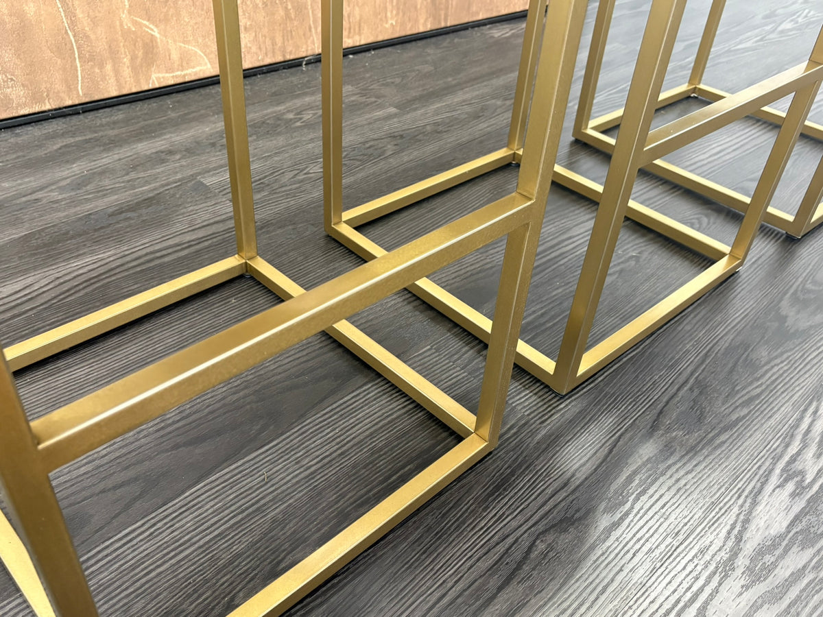 RH Emery Armless Fabric Counter Stools – Set of 3 Perennials® Performance Textured Linen Weave – Sand | Burnished Brass | Counter Height