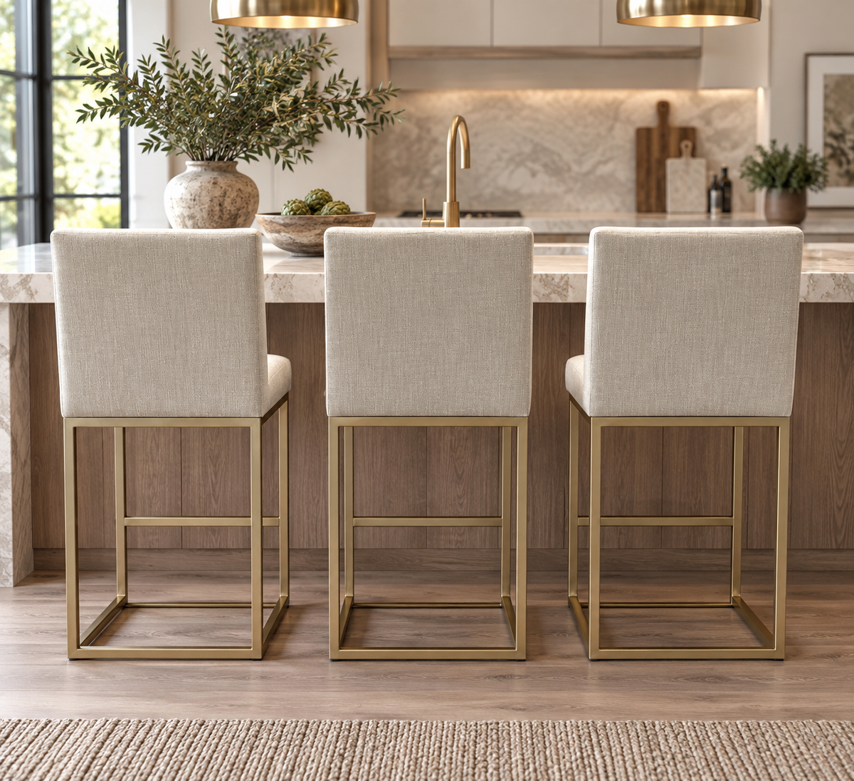RH Emery Armless Fabric Counter Stools – Set of 3 Perennials® Performance Textured Linen Weave – Sand | Burnished Brass | Counter Height