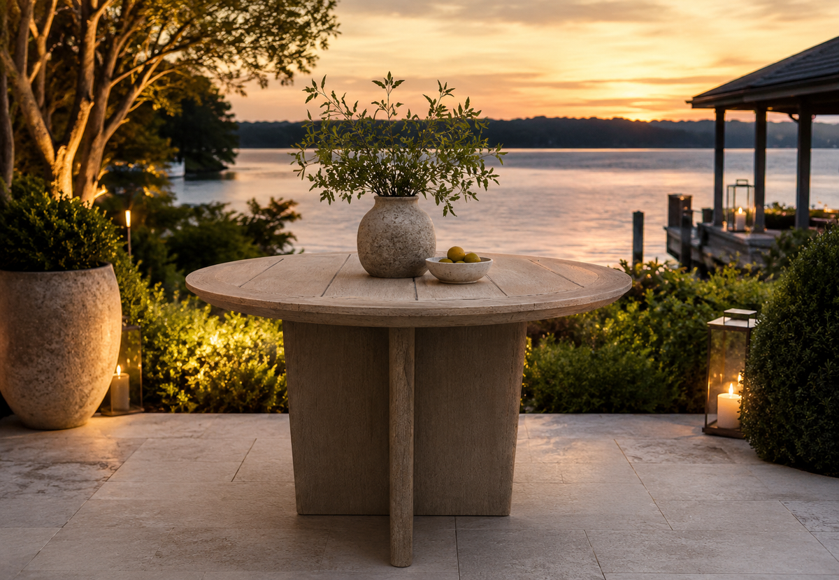 RH Balmain Round Teak Dining Table – 48" Weathered Teak Finish