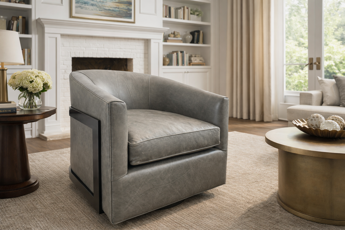 RH Reginald Leather Swivel Chair Berkshire Leather in Pewter | Bronze
