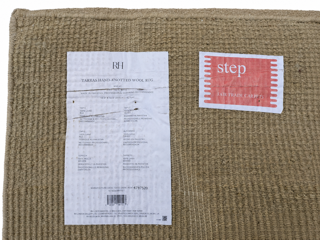 RH Tarras Wool Rug – 10' × 14' Wheat | 100% Hand-Spun Wool | Hand-Knotted | Sculptural High-Low Texture