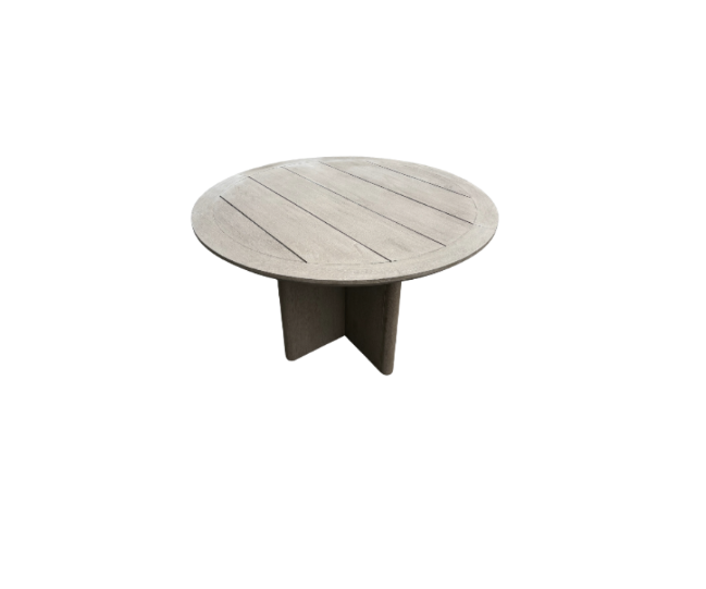 RH Balmain Round Teak Dining Table – 48" Weathered Teak Finish