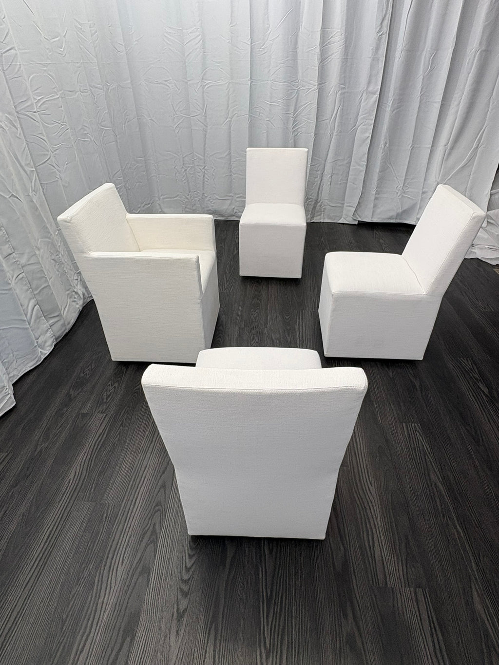 Curated Set of Four RH Ellison Fabric Dining Chairs
Perennials® Performance Textured Linen Weave — White
Recessed Caster Bases