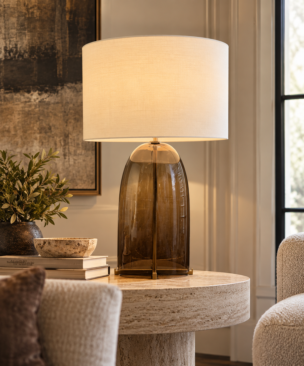 RH Blom Amber Glass Table Lamp Lacquered Burnished Brass | 30" | Jonathan Browning Scandinavian Design