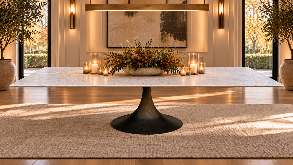 RH Aero Stone Rectangular Dining Table – 120" | Italian Carrara Marble Top | Cast Iron Pedestal Base