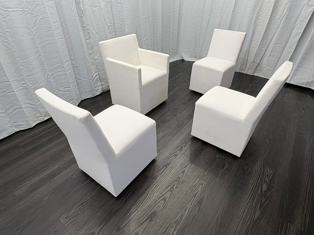 Curated Set of Four RH Ellison Fabric Dining Chairs
Perennials® Performance Textured Linen Weave — White
Recessed Caster Bases