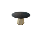 Sculptural Designer Dining Table – Attributed to Baker “Heliodor” Pedestal in Ivory & Gold × RH 48″ Black Brushed Oak Top