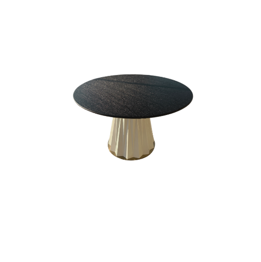 Sculptural Designer Dining Table – Attributed to Baker “Heliodor” Pedestal in Ivory & Gold × RH 48″ Black Brushed Oak Top
