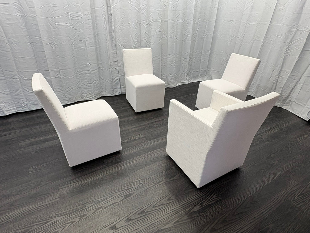 Curated Set of Four RH Ellison Fabric Dining Chairs
Perennials® Performance Textured Linen Weave — White
Recessed Caster Bases