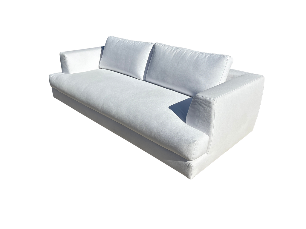 RH Monza Bench-Cushion Sofa – 8’ Luxe Depth in White Performance Linen Weave (Made in Italy)