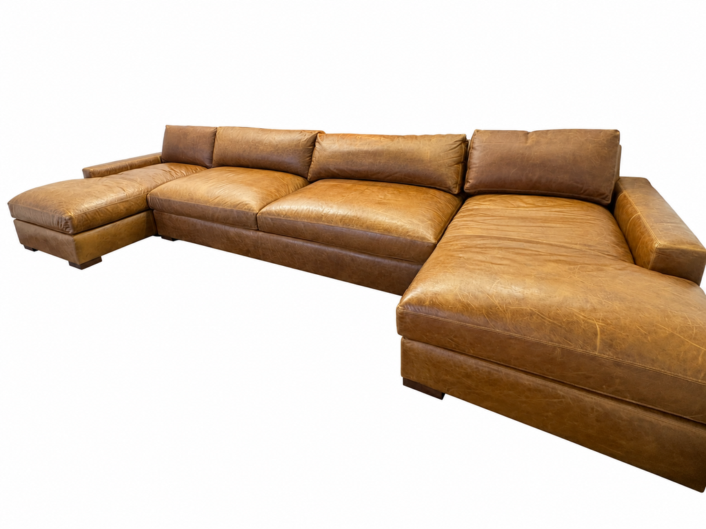 RH Maxwell Leather U-Chaise Sectional – 8' Armless Sofa with Dual Luxe Chaises in Italian Berkshire Leather (Chestnut)