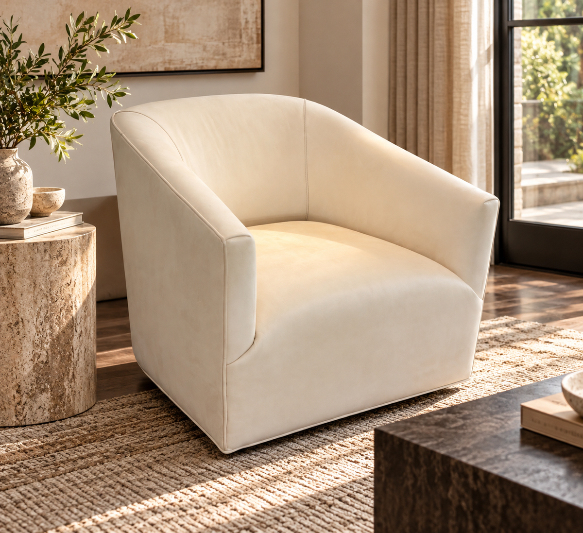 RH 1950s Italian Shelter Arm Leather Chair | Classic Depth | Italian Veneto | Ivory