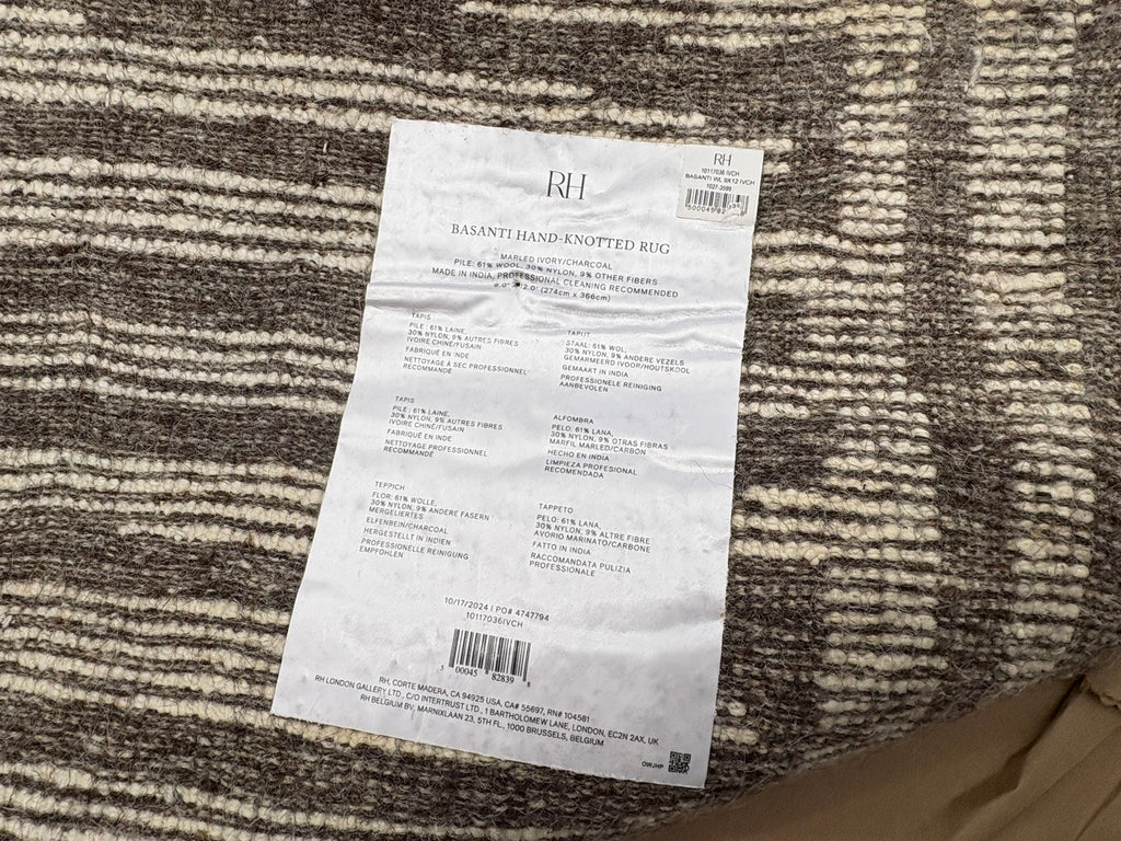 RH Basanti Rug – 9' × 12' Marled Ivory/Charcoal | Hand-Knotted Wool Blend | Contemporary Himalayan-Inspired Design