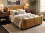 RH Valentina Upholstered Bed — Queen | Camel Performance Velvet
