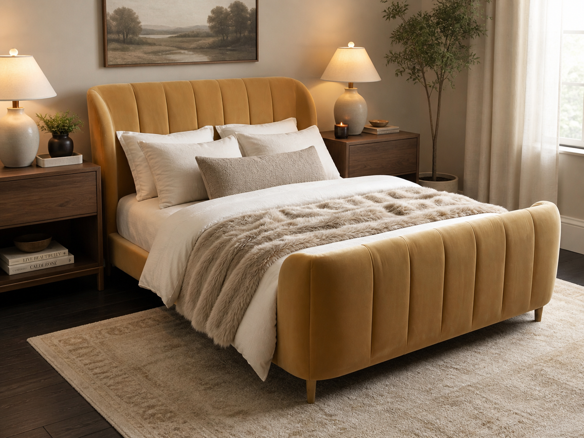 RH Valentina Upholstered Bed — Queen | Camel Performance Velvet