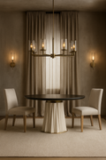 Sculptural Designer Dining Table – Attributed to Baker “Heliodor” Pedestal in Ivory & Gold × RH 48″ Black Brushed Oak Top