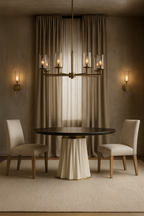 Sculptural Designer Dining Table – Attributed to Baker “Heliodor” Pedestal in Ivory & Gold × RH 48″ Black Brushed Oak Top