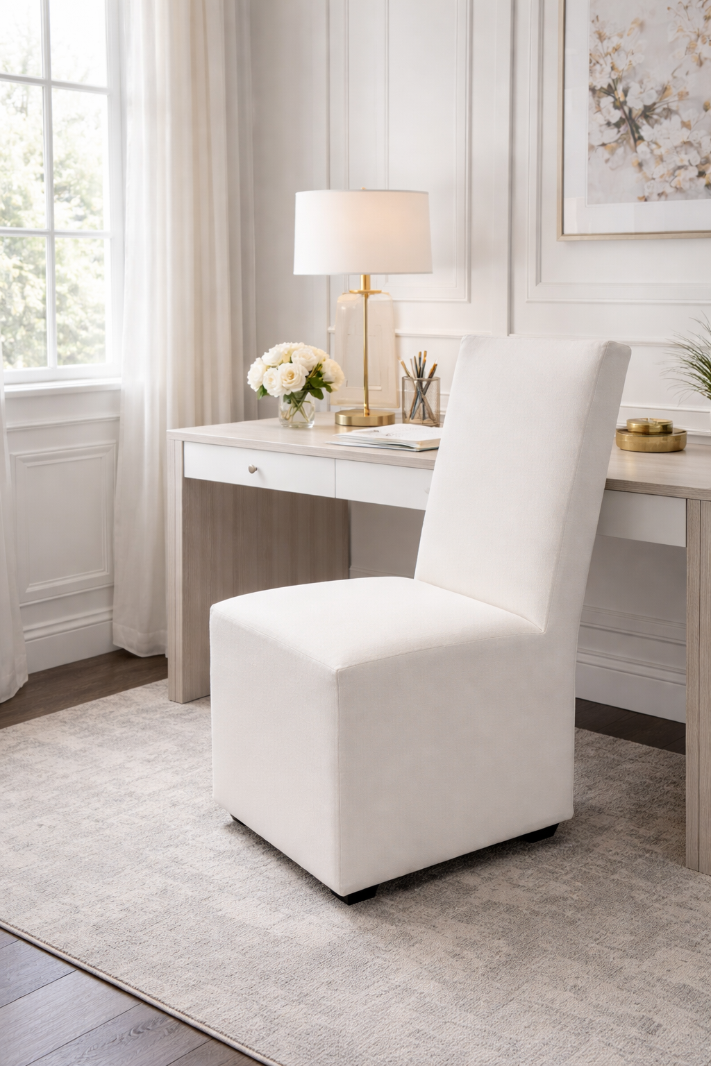 RH Ellison High-Back Fabric Dining Side Chair
Performance Linen Weave — Natural Recessed Caster Base