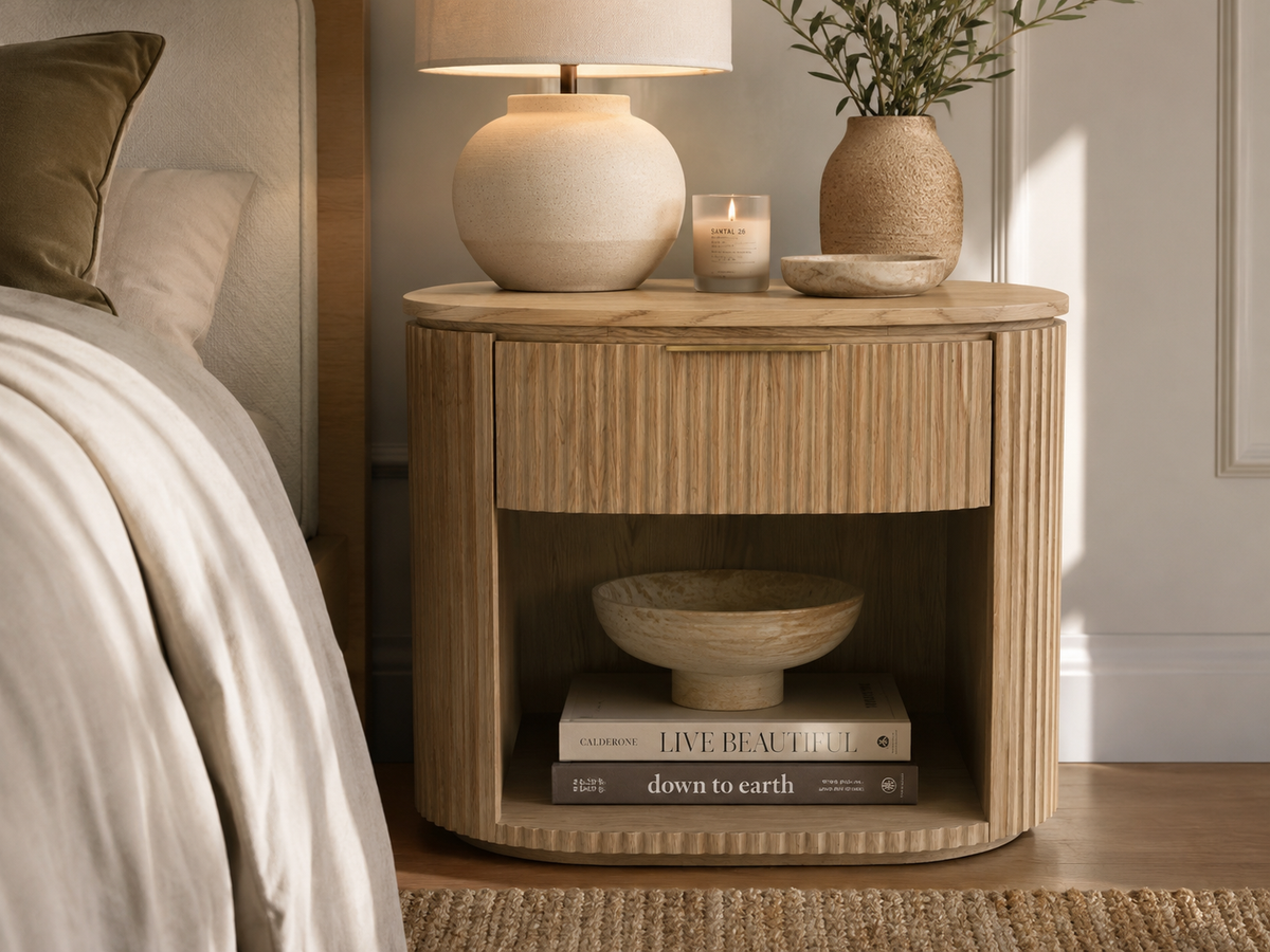 RH Byron Open Nightstand – 32" Light Oak | American White Oak | Reeded Detail | Soft-Close Drawer