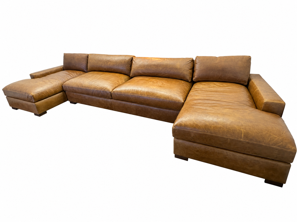 RH Maxwell Leather U-Chaise Sectional – 8' Armless Sofa with Dual Luxe Chaises in Italian Berkshire Leather (Chestnut)